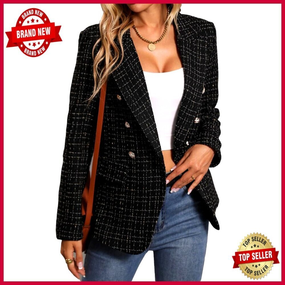 Women's Tweed Plaid Blazer Jacket Fully Lined Business Casual Coat